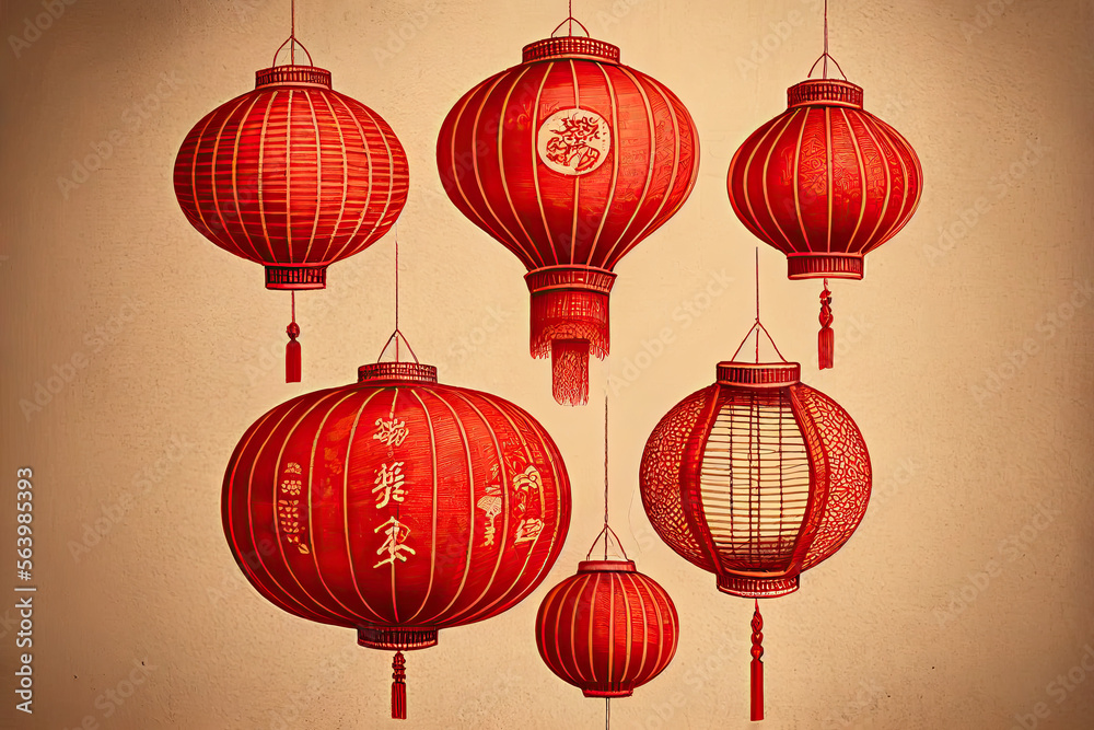 Chinese paper lanterns, drawing, generative AI Chinese paper lanterns, drawing, generative AI