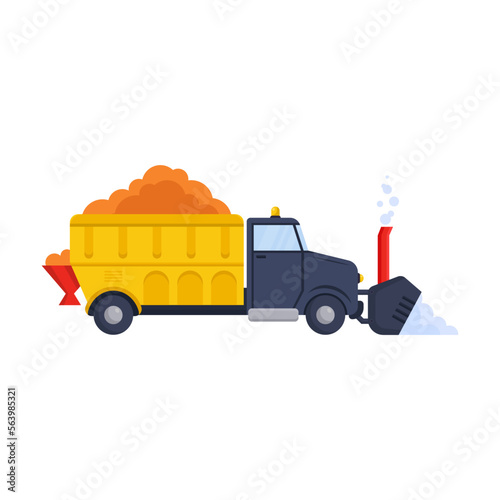 Side view of snowplow flat vector illustration. Flat cartoon drawing of snow plow, truck or tractor on white background. Machinery or transport, winter concept