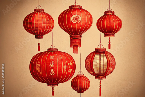 Chinese paper lanterns, drawing, generative AI
