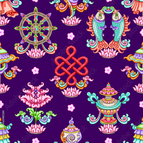 Buddhism eight symbols seamless pattern religion