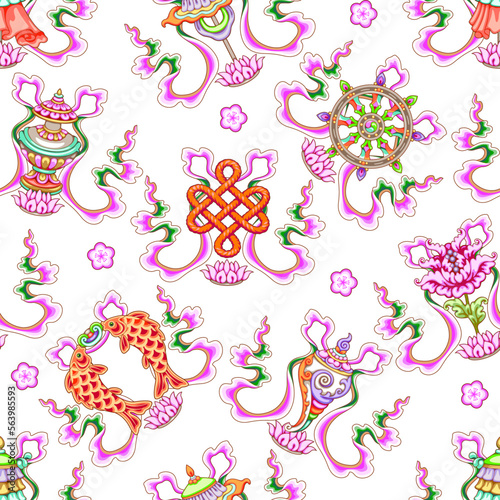 Buddhism eight symbols seamless pattern religion