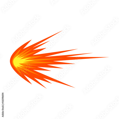 Orange gun flash with fire, explosive effect or bullet trace. Gunshot on white cartoon illustration. Explosion, weapon, blast concept
