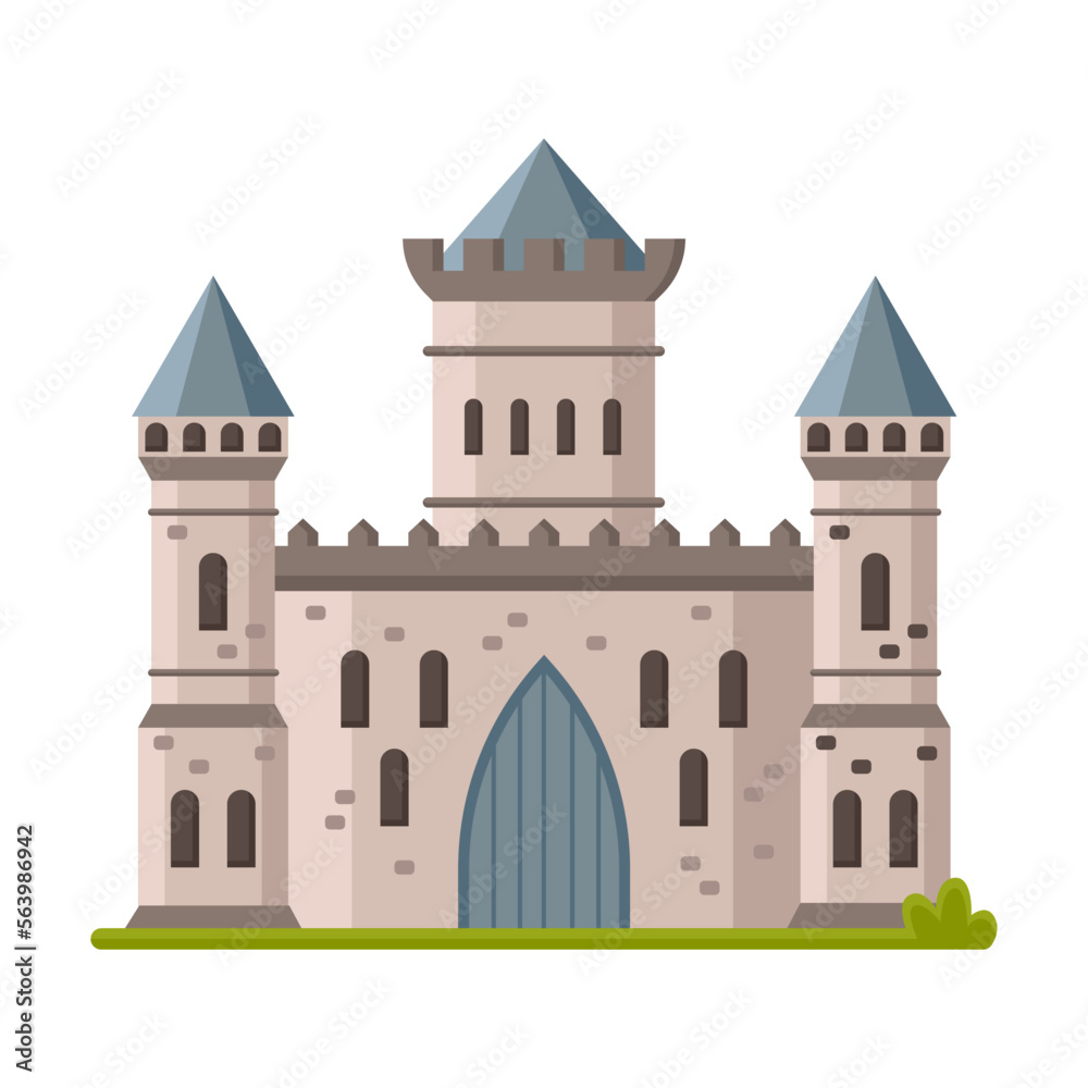 Palace with gates, old historic fort with flag, fairy tale building, element for computer game. Medieval stone tower cartoon illustration. Fantasy, ancient architecture concept