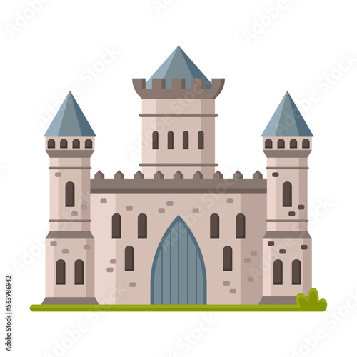 Palace with gates, old historic fort with flag, fairy tale building, element for computer game. Medieval stone tower cartoon illustration. Fantasy, ancient architecture concept