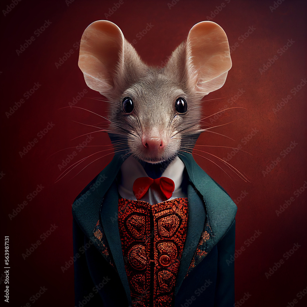 Realistic lifelike mouse mice rodent in dapper high end luxury formal suit and shirt, commercial, editorial advertisement, surreal surrealism - obrazy, fototapety, plakaty 