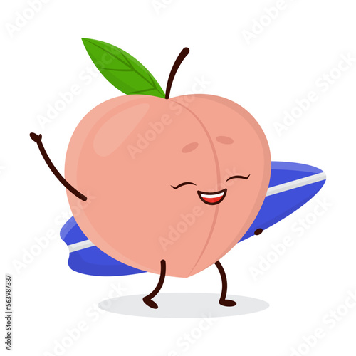 Juicy delicate soft peach fruit on surfboard conquers wave. Cheerful fruit is engaged in extreme sports. Cartoon Vector isolated on white background