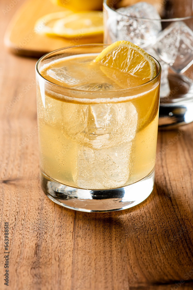 Whiskey sour. Classic Cocktail. Mixed drink with whiskey, lemon juice, sugar, and optionally, a dash of egg white. It is a type of sour, a mixed drink with base spirit, citrus juice, and a sweetener. 