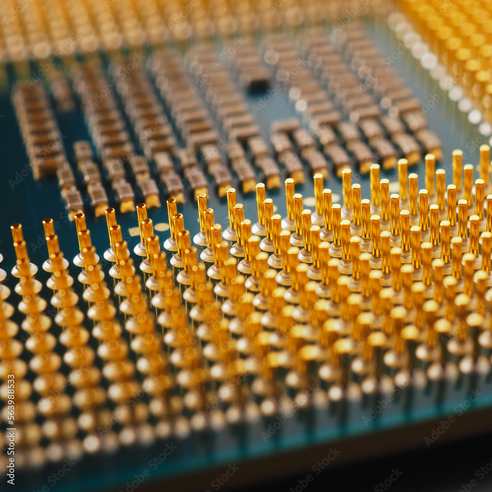 Microprocessor of computer closeup. Semiconductor, pins and connectors. Electronic and computing detail. Digital technologies. Semiconductor technology. Science and data. Square illustration. Macro Microprocessor of computer closeup. Semiconductor, pins and connectors. Electronic and computing detail. Digital technologies. Semiconductor technology. Science and data. Square illustration. Macro