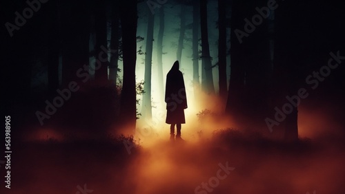 A dark hooded figure walking in the fog at forest night  walking towards the light.