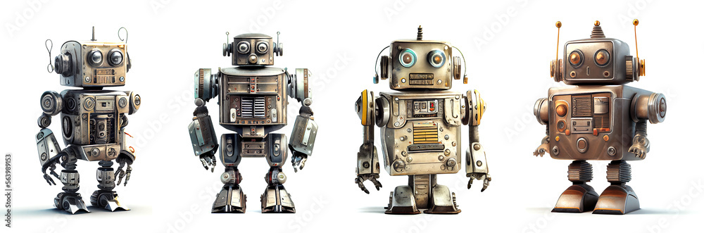 Fototapeta premium Colourful Four Retro Tin Robots Generative AI Illustration
