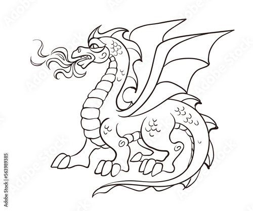 Winged dragon hand drawn outline doodle illustration. Fairytale animal dragon vector sketch illustration isolated on white background.