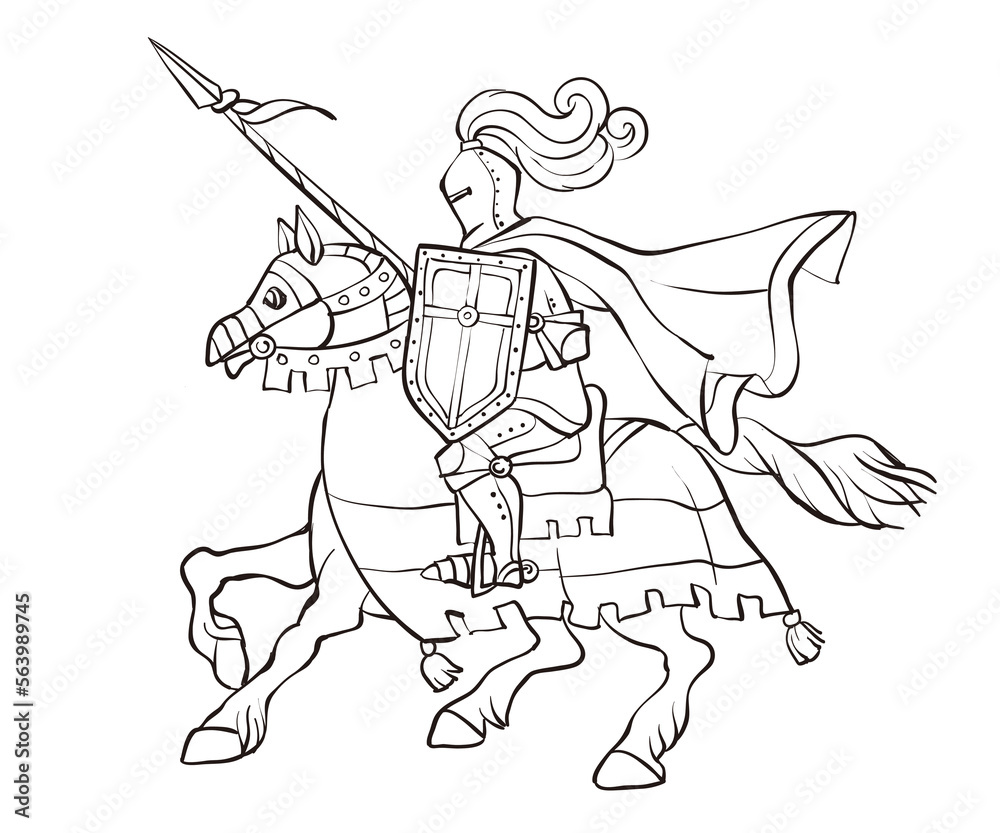 Fototapeta premium Medieval armed knight with shild and spear riding horse hand drawn illustration. Doodle vector isolated illustration. One line sketch.