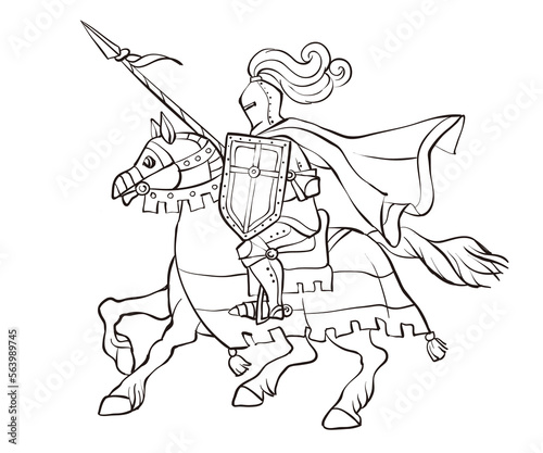Medieval armed knight with shild and spear riding horse hand drawn illustration. Doodle vector isolated illustration. One line sketch.