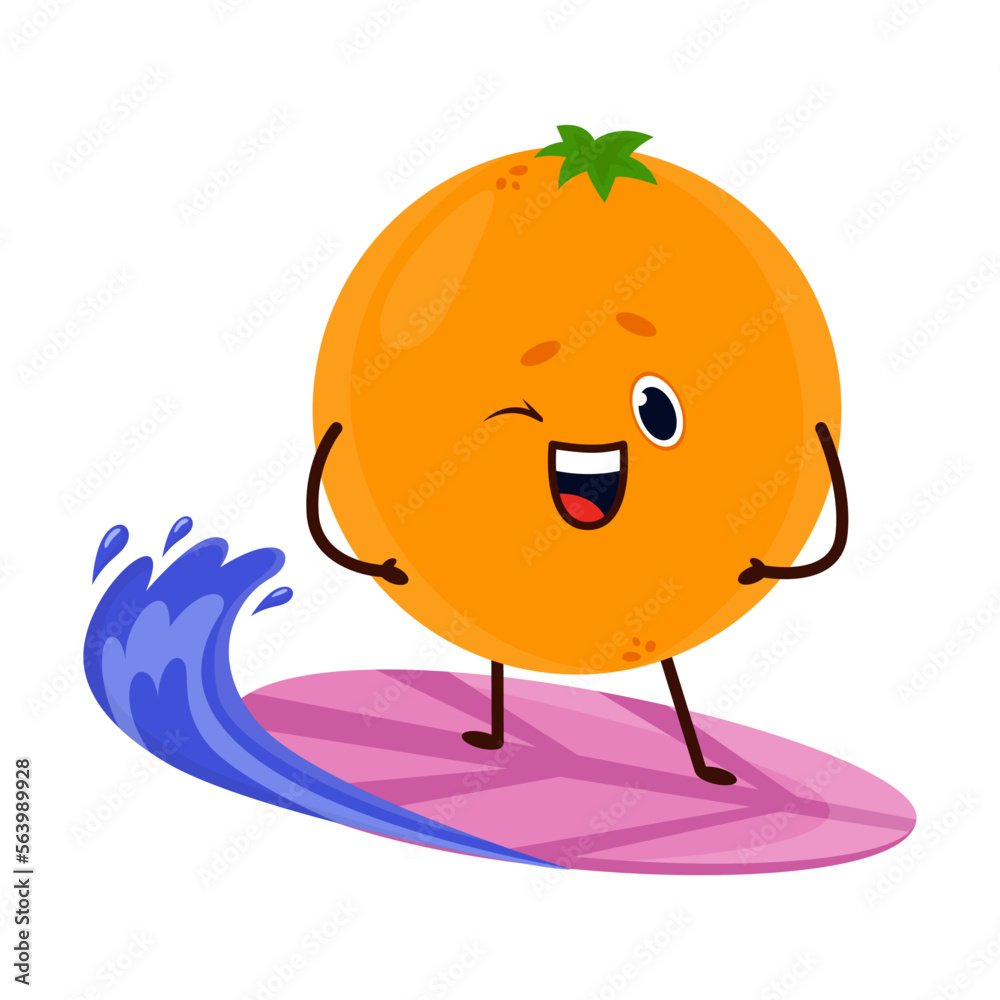 Juicy sweet juicy orange fruit on surfboard conquers wave. Cheerful fruit is engaged in extreme sports. Cartoon Vector isolated on white background Juicy sweet juicy orange fruit on surfboard conquers wave. Cheerful fruit is engaged in extreme sports. Cartoon Vector isolated on white background