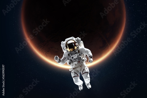Astronaut in white spacesuit hanging in space against the background of mars, colonization of mars, settlement of the red planet, expedition to mars. Copy space, 3D illustration, 3D rendering.