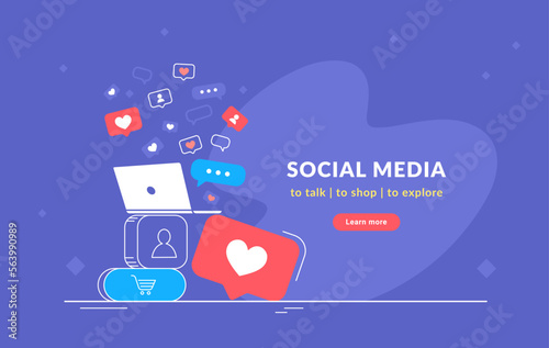 Social media network and community announcement. Flat vector illustration of laptop with flying social media symbols such as speech bubbles, hearts. Abstract promo design for subscribers and audience