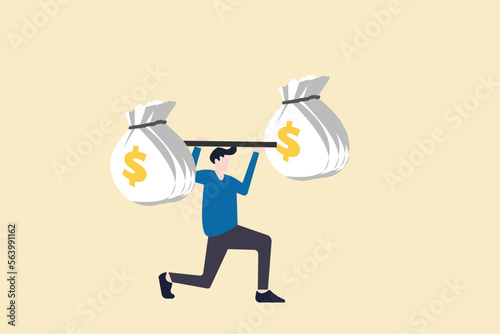 Businessman Lifting Up Barbell with Dollar bags. concept economic and financial conditions, grow the business, profit, challenges and success