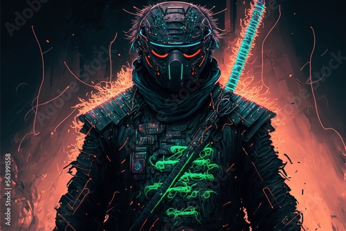 A warrior samurai in a futuristic suit, cyberpunk art, computer art, ninja outfit, highly detailed Illustration, Generative AI