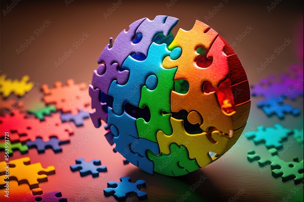 a colorful puzzle ball surrounded by other puzzle pieces on a table