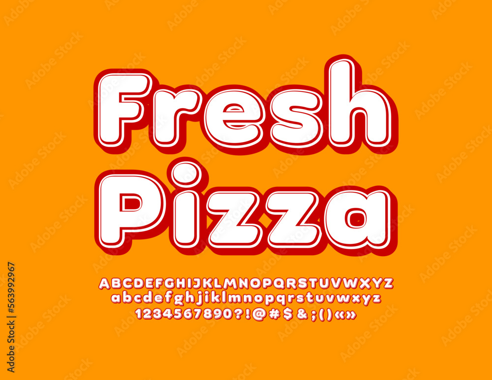 Vector advertising Banner Fresh Pizza. Modern Bright Font. Artistic Alphabet Letters and Numbers Vector advertising Banner Fresh Pizza. Modern Bright Font. Artistic Alphabet Letters and Numbers