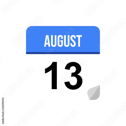 13 August calendar date icon on transparent background