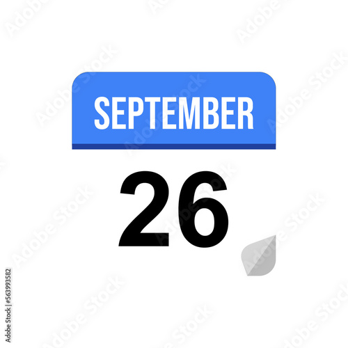 26 September calendar date icon on transparent background