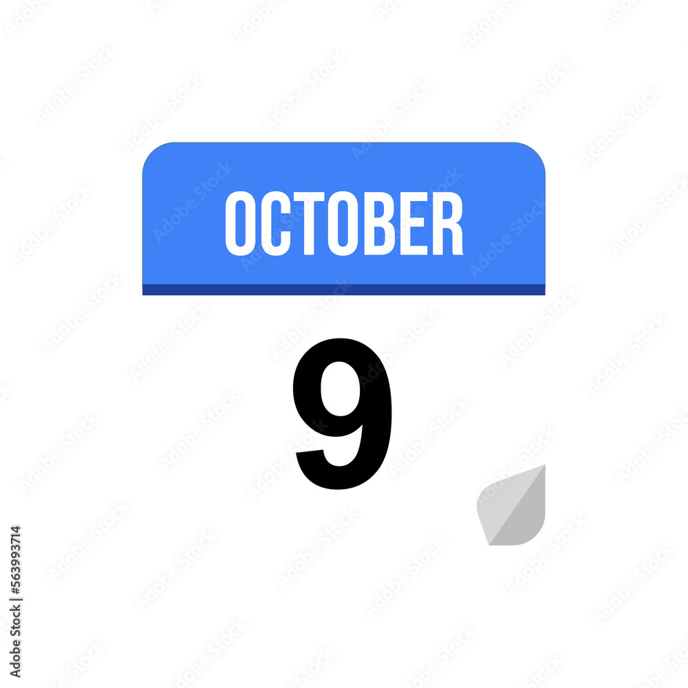 9 October calendar date icon on transparent background 9 October calendar date icon on transparent background
