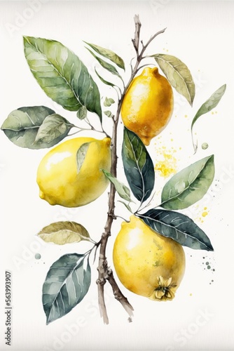 lemons on a branch watercolor solid white background, AI assisted finalized in Photoshop by me 