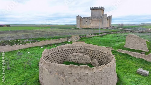 Aerial view from a drone of the surroundings of the Castle and the dovecotes in the town of Villalonso. Villalonso. Zamora. Castile and Leon. Spain. Europe photo