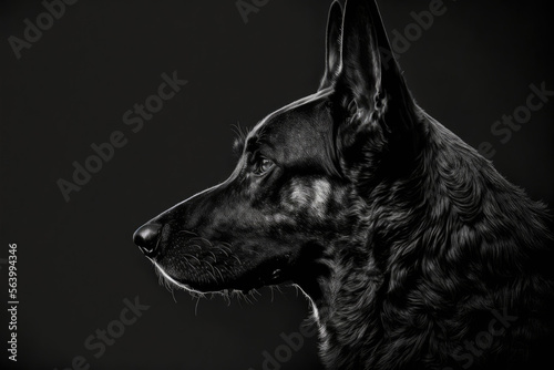 A side portrait of a black shepherd dog face on a black background. Created with Generative AI.