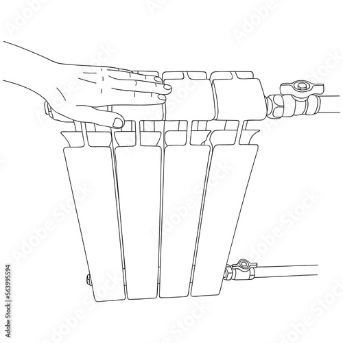 Hand checks heating battery. Preparing for cold season in apartment or office. Editable hand drawn contour. Sketch in minimalist style. Vector