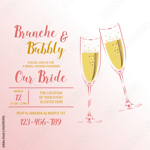 Brunch and bubbly. Bridal shower invitation with glasses of champagne on pink background. Vector illustration