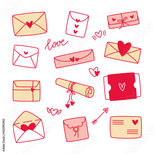Set of envelopes, love letters with hearts. St. Valentine's Day. Vector hand drawn doodle illustration