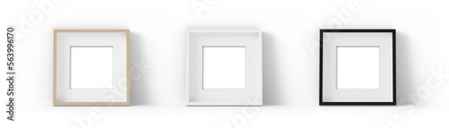 Set of square picture frames. Could be standing on the floor or sideboard, with shadows. Transparent background. White, wooden and black frames with passepartout. Template, mock up for your picture