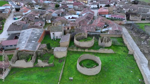 Aerial view from a drone of the surroundings of the Castle and the dovecotes in the town of Villalonso. Villalonso. Zamora. Castile and Leon. Spain. Europe photo