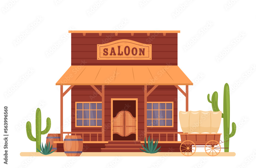Wild west town street. Vector illustration of western saloon house with wooden barrel, swing door, wagon, cactuses. Wild west landscape for poster,  invitations. Hot sand desert . Texas country tavern - obrazy, fototapety, plakaty 