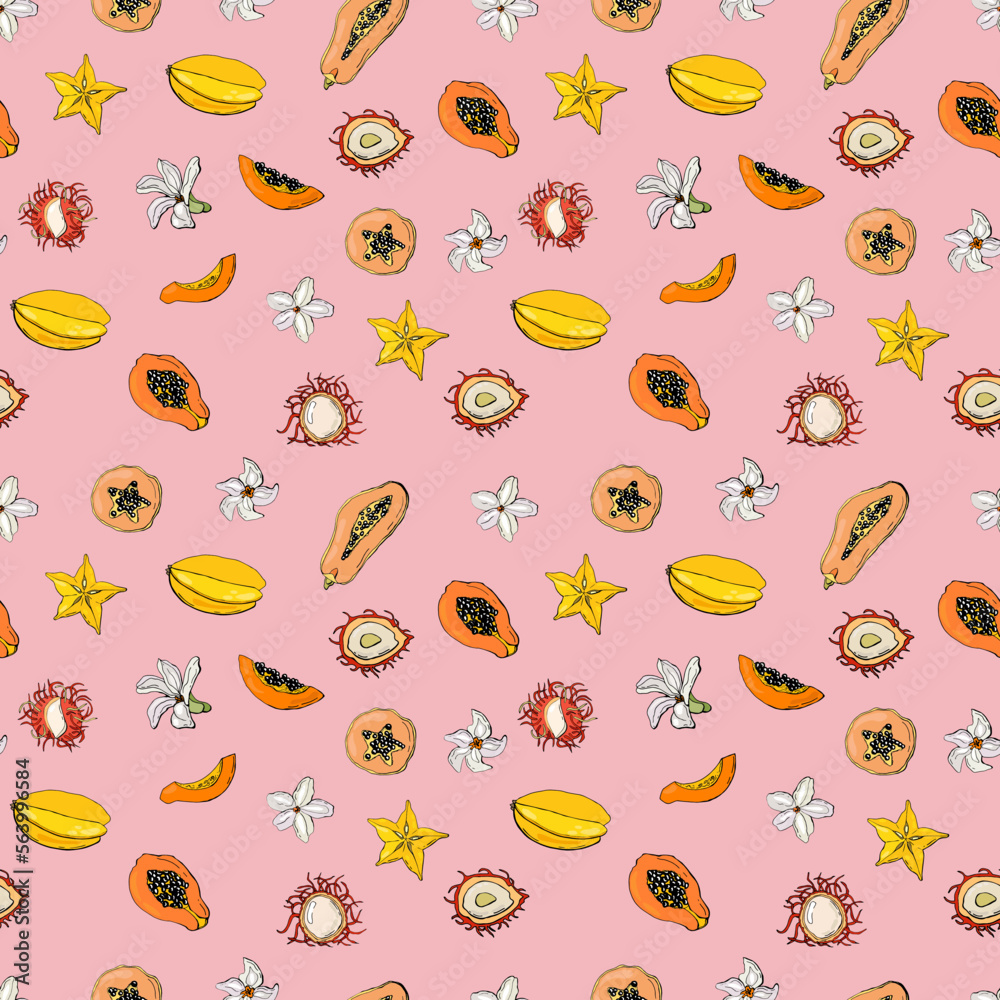 Seamless pattern with exotic fruits. Design for fabric, textile, wallpaper, packaging. Seamless pattern with exotic fruits. Design for fabric, textile, wallpaper, packaging.