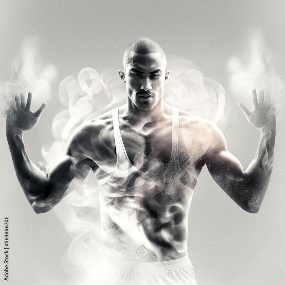 Double exposure image of athlete and smoke. Made with Generative AI. Double exposure image of athlete and smoke. Made with Generative AI.