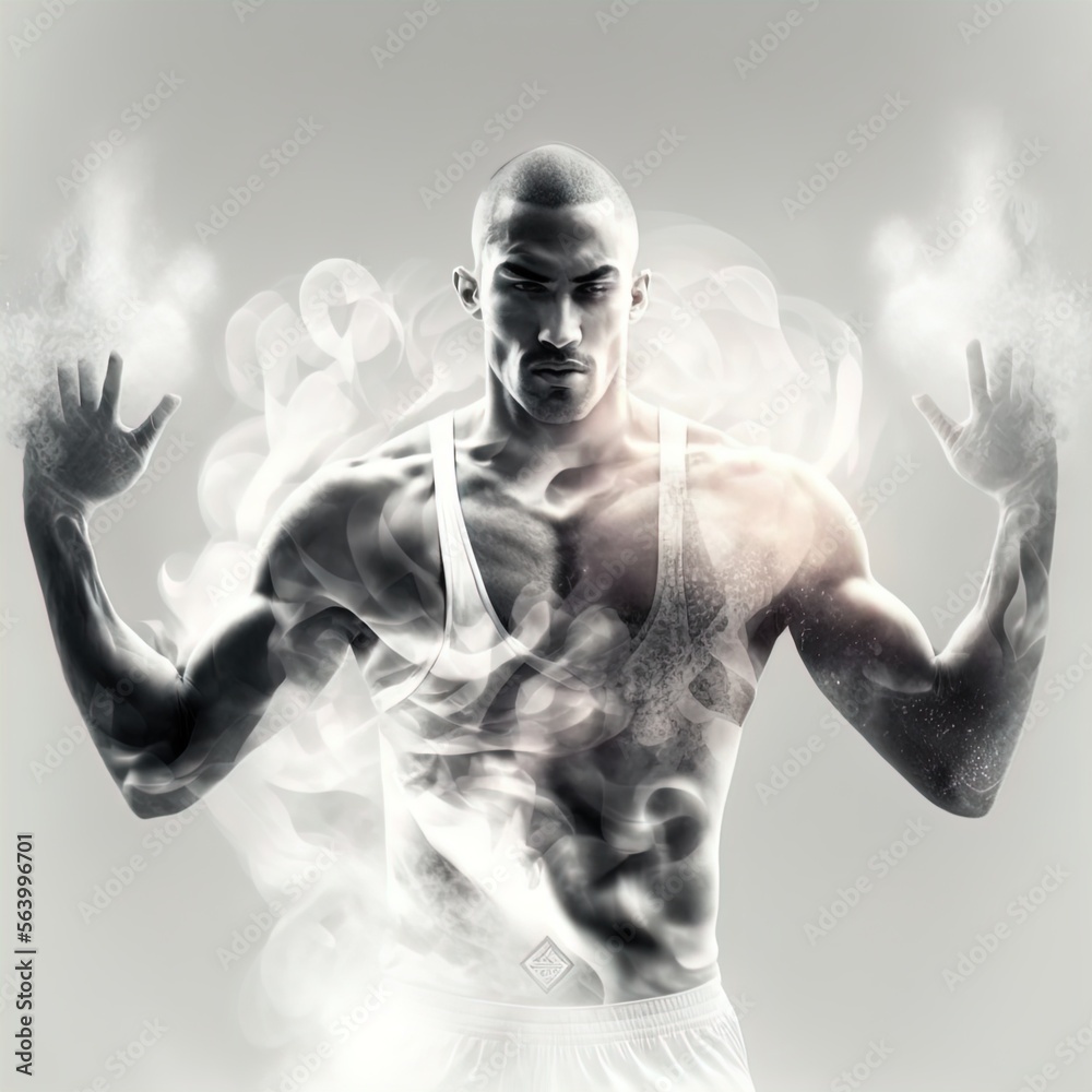 Double exposure image of athlete and smoke. Made with Generative AI. 