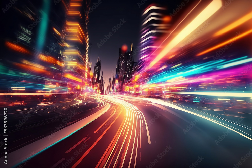 Motion of line speed and power or light trails. High-speed light with curve movement beam. 5G Technology fast and futuristic background. Abstract motion blur. Generative AI.