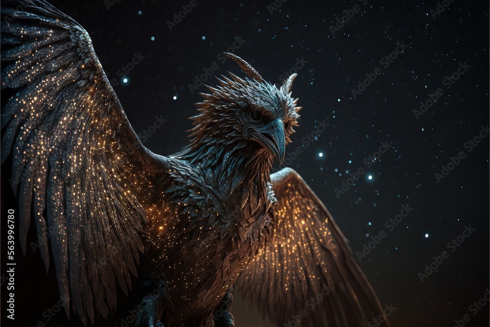 Fototapeta premium a large bird with a long tail and wings spread out, with stars in the background, in the night sky, with a glowing light shining on its wings, and a black background. , AI Generative AI
