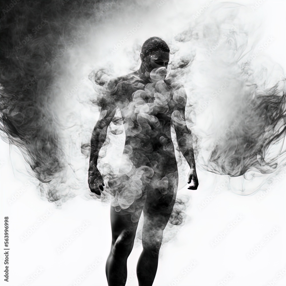 Double exposure image of athlete and smoke. Made with Generative AI. Double exposure image of athlete and smoke. Made with Generative AI.