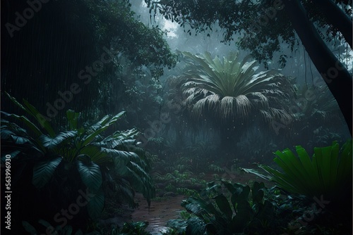  a lush green forest filled with lots of trees and plants on a foggy day with a path leading to a large plant covered area with leaves and a large, with a lot of. , AI Generative AI photo