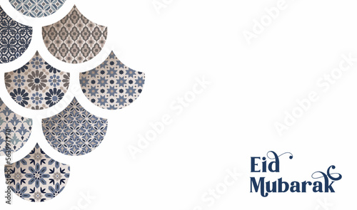 Traditional ornamental arabic tiles, patterns through fish scale cut out arabesque window. Greeting card, invitation. Muslim holiday Ramadan Kareem. Vector illustration background, Eid Mubarak banner.