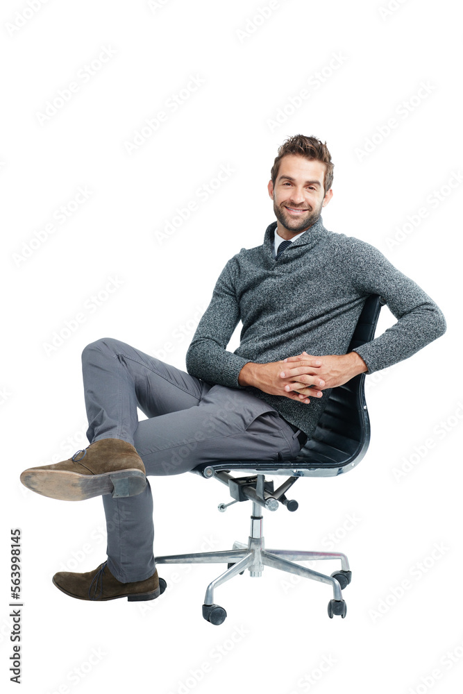 Portrait, chair and happy with a business man in studio isolated on a white background for marketing. Vision, mindset and corporate with a male employee sitting on blank space for advertising