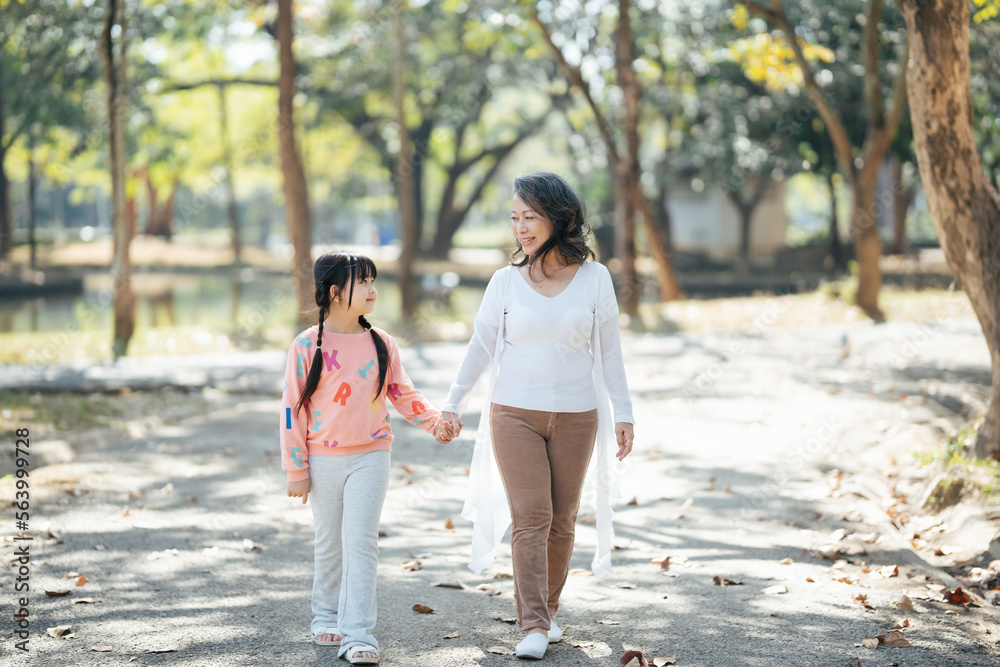Fototapeta premium Happy Asain old lady and her grandchildren walking in the park together