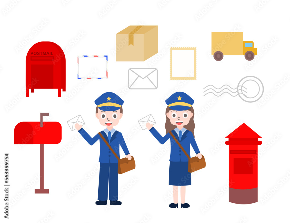 Male and female postman characters.Man and woman in uniform.red mailbox ...