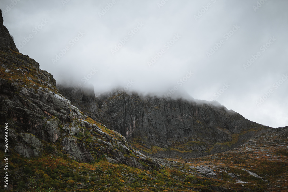 Majestic mountains on the Lofoten Islands during a moody autumn day