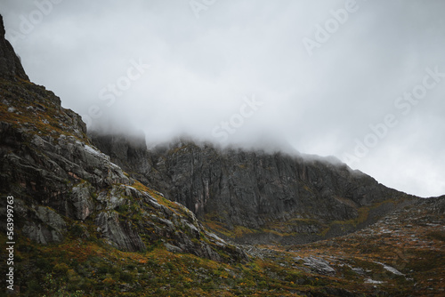 Majestic mountains on the Lofoten Islands during a moody autumn day