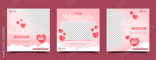 Valentine social media post template collection. Pink background with love paper decoration. Usable for greeting card, social media post, and web